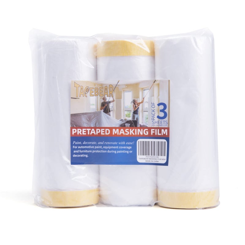 TAPEBEAR Pre-Taped Masking Film, Tape and Drape, Plastic Sheeting Roll, Automotive Painters Masking Tape Film, Plastic Sheeting Cover for Appliance and Furniture, 5feet X 90feet,1400mm x 27m, 3Rolls - Image 1